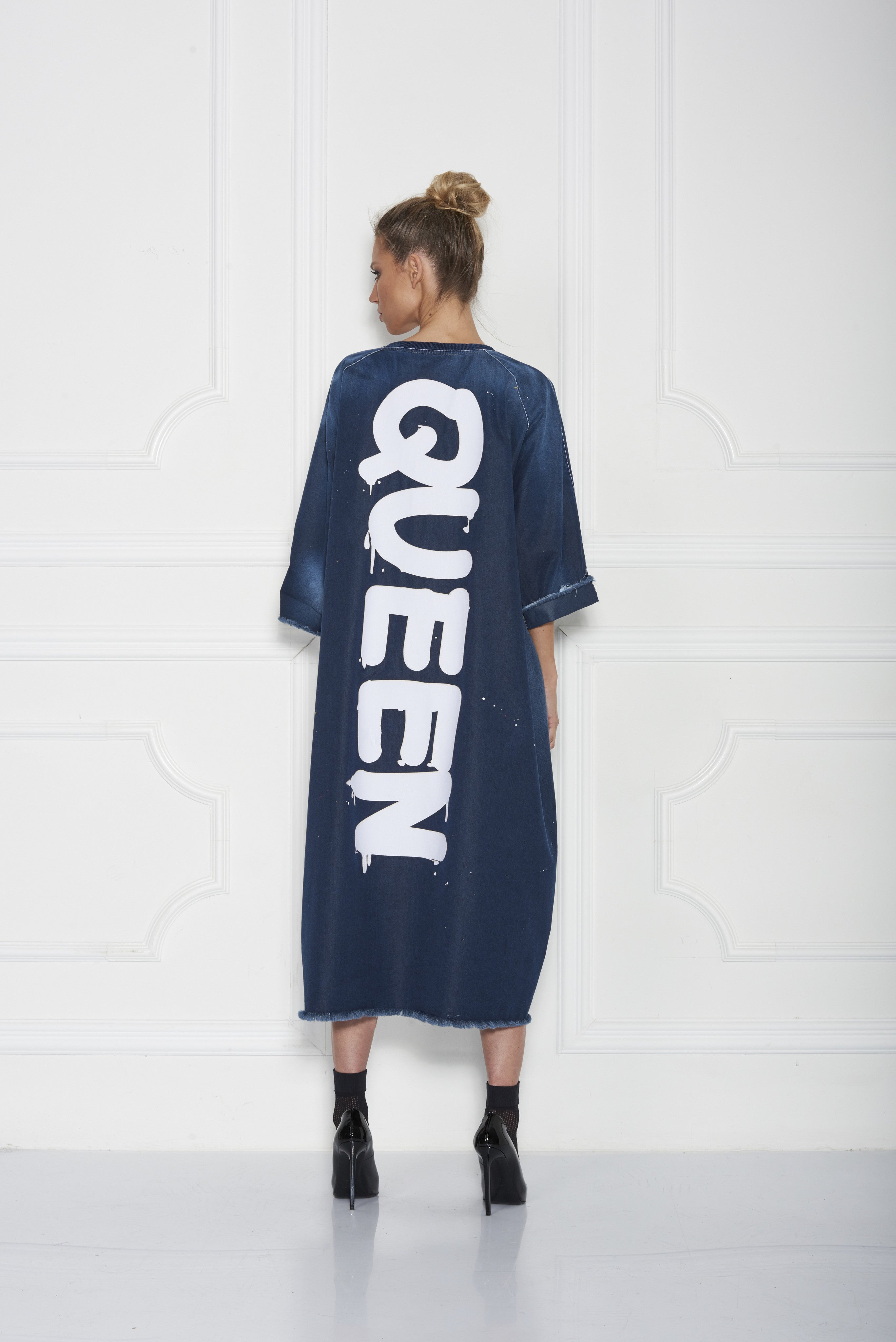 Bimo Queen Denim Oversize Pullover Dress w/Screen Print - Sugarbird - Dress - TOPGEARNY