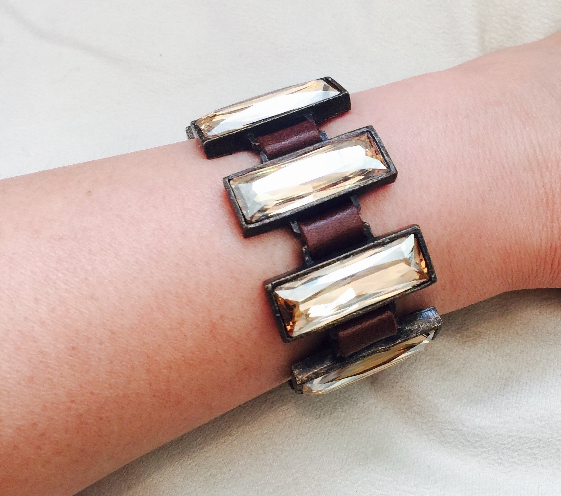 Rectangle Crystal Leather Bracelet, Vintage Brown - Rebel Designs - Bracelet - TOPGEARNY
