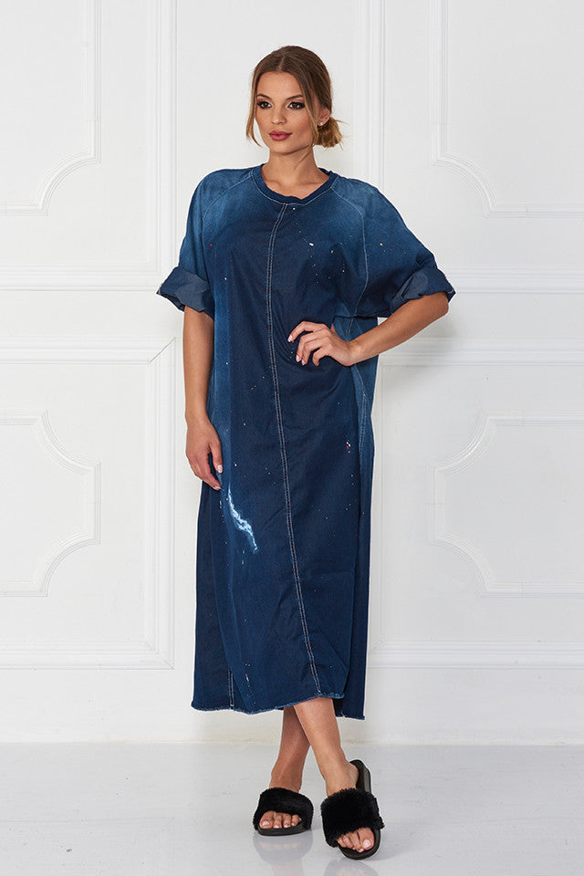 Bimo Queen Denim Oversize Pullover Dress w/Screen Print - Sugarbird - Dress - TOPGEARNY