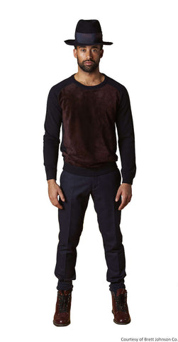 Paneled Front Crewneck Suede Front Sweater