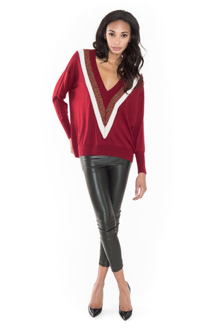 V Neck - Stripped Bordeau