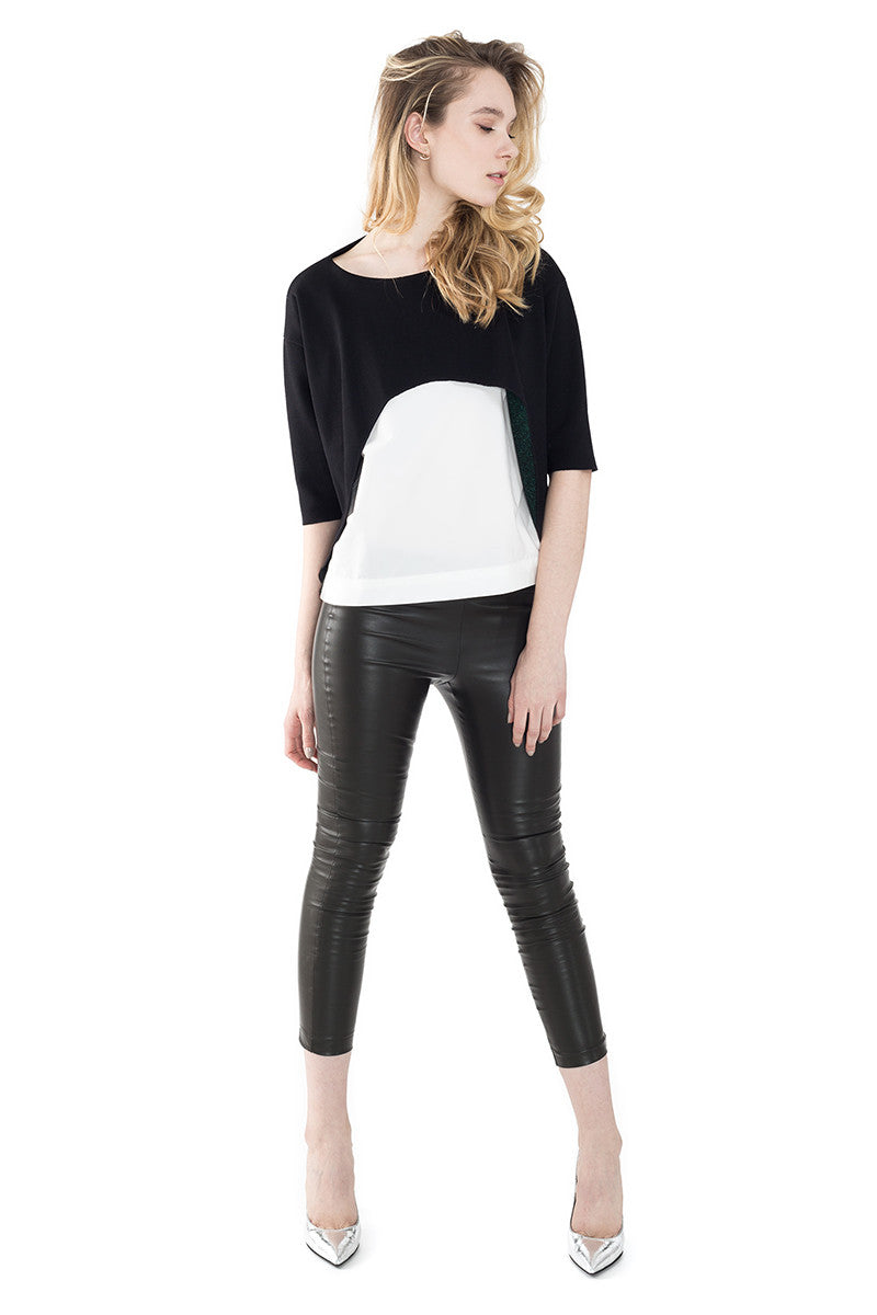 Boat Neck Elbow Sleeve Contrast Woven Top - Nude - Top - TOPGEARNY