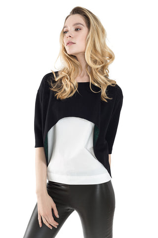Boat Neck Elbow Sleeve Contrast Woven Top