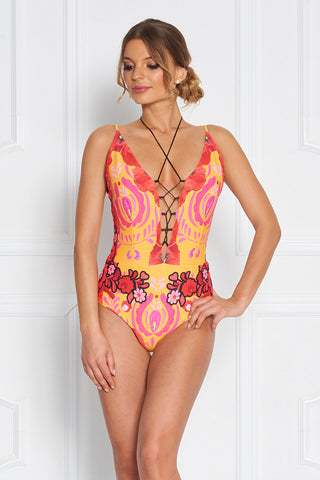Trista Printed Bodysuit with lace up