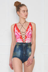 Trista Printed Bodysuit with lace up - Sugarbird - Bodysuit - TOPGEARNY