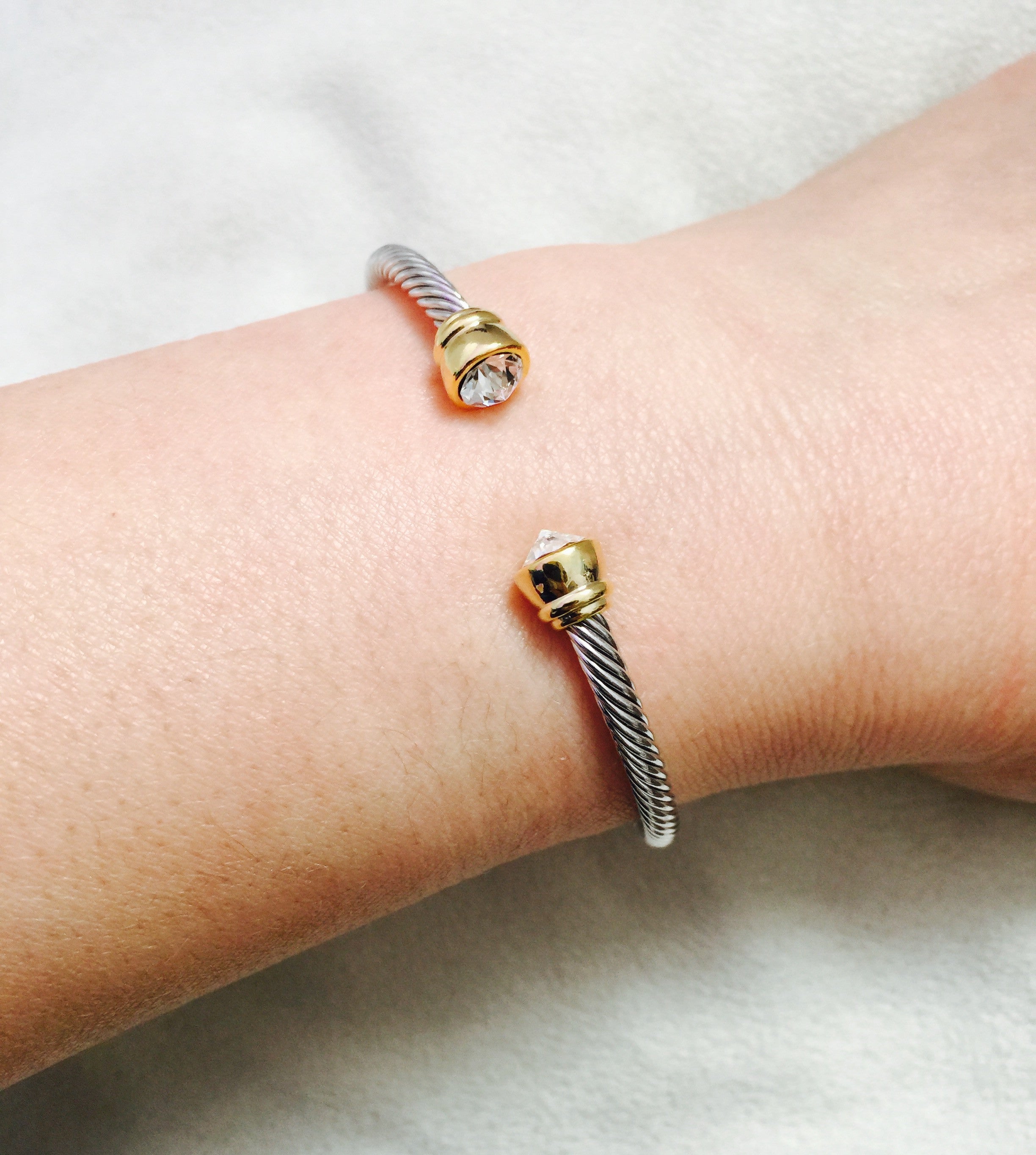 Tiana Crystal Stone Silver Open End Bangle with Gold - Rush - Bracelet - TOPGEARNY