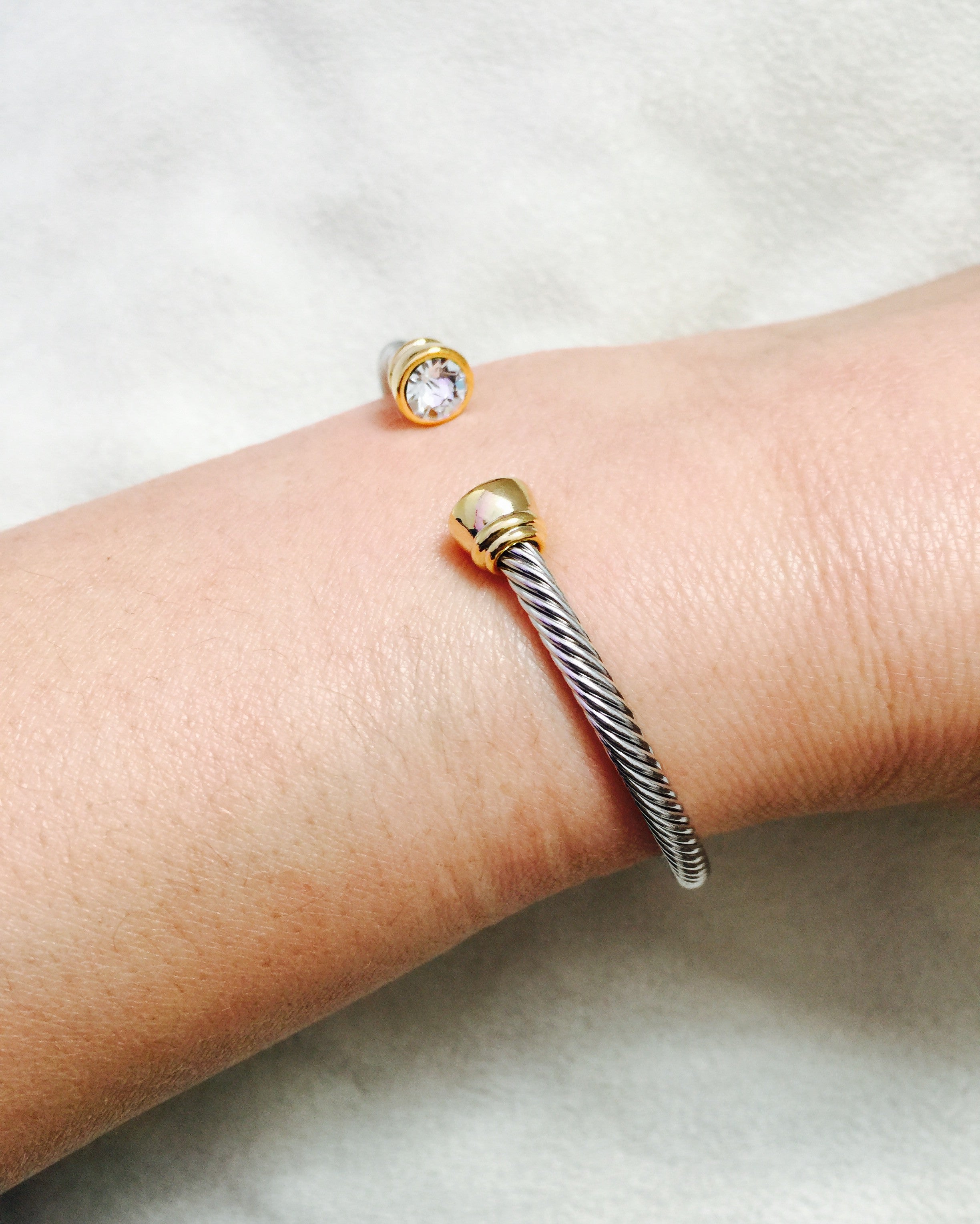 Tiana Crystal Stone Silver Open End Bangle with Gold - Rush - Bracelet - TOPGEARNY