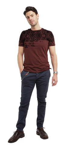 Crew Neck Jersey M T-Shirt with Geometric Print Embossed with Velvet