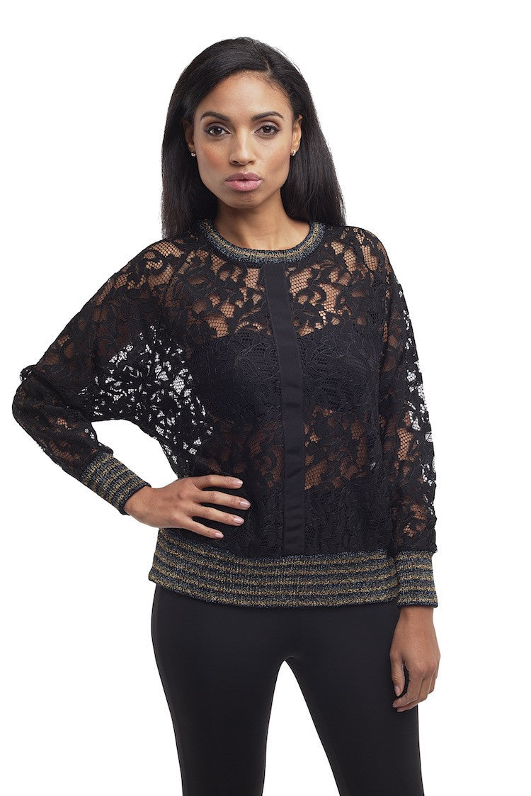 Lace Round Neck Pullover w/Lurex Rib Trim - Nude - Top - TOPGEARNY