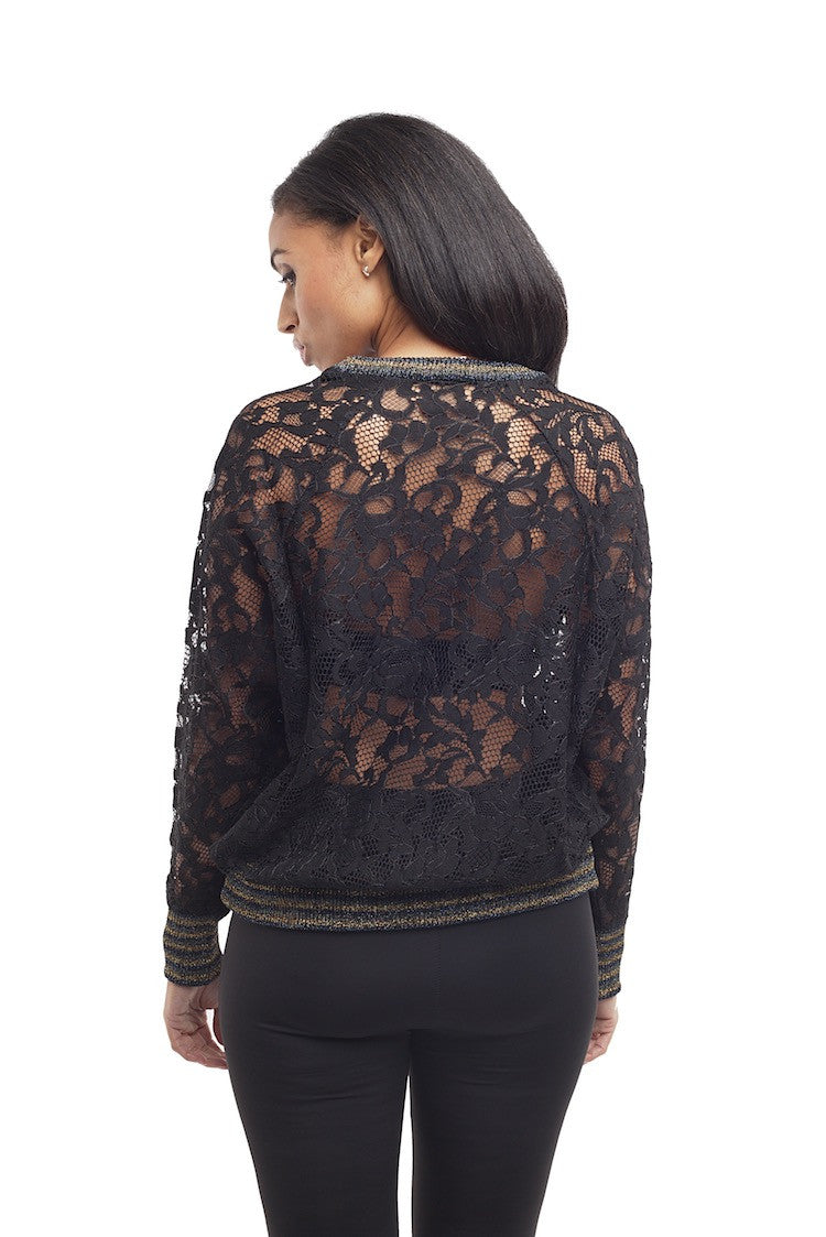 Lace Round Neck Pullover w/Lurex Rib Trim - Nude - Top - TOPGEARNY
