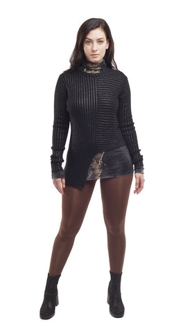 Laminated Ribbed Round Neck Sweater