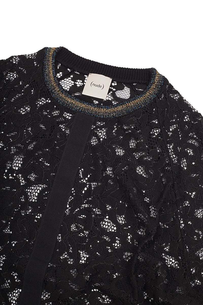 Lace Round Neck Pullover w/Lurex Rib Trim - Nude - Top - TOPGEARNY