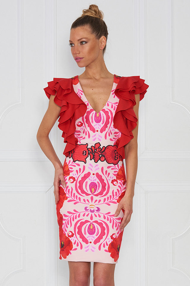 Wake Matyo Puff Sleeve Printed Fitted Dress - Sugarbird - Dress - TOPGEARNY