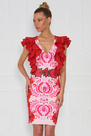 Wake Matyo Puff Sleeve Printed Fitted Dress